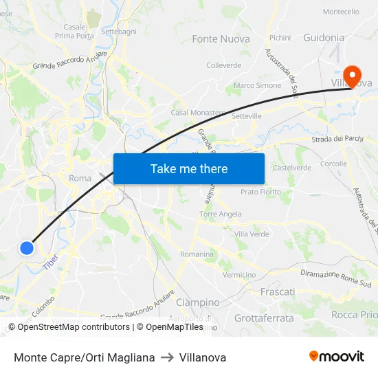 Monte Capre/Orti Magliana to Villanova map