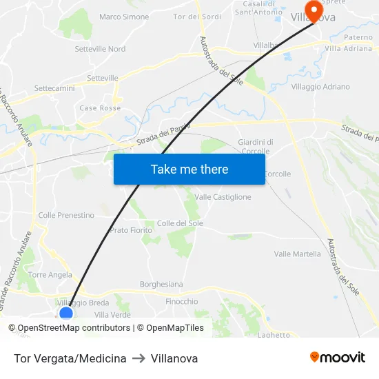 Tor Vergata/Medicine to Villanova map