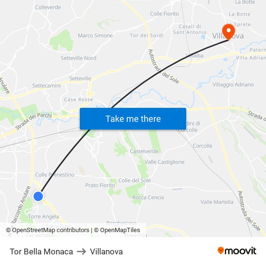 Tor Bella Monaca to Villanova map