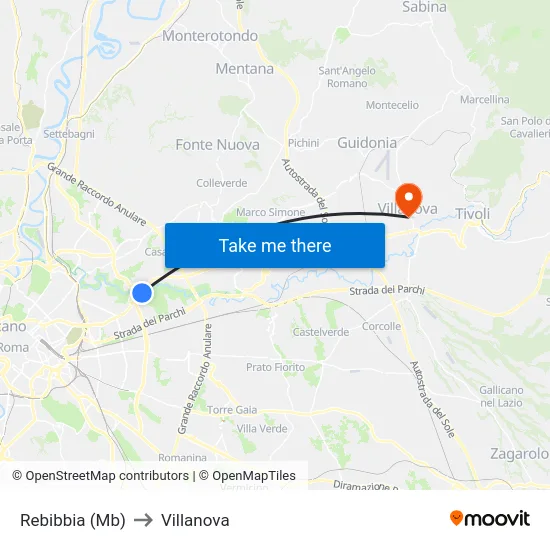 Rebibbia (Mb) to Villanova map