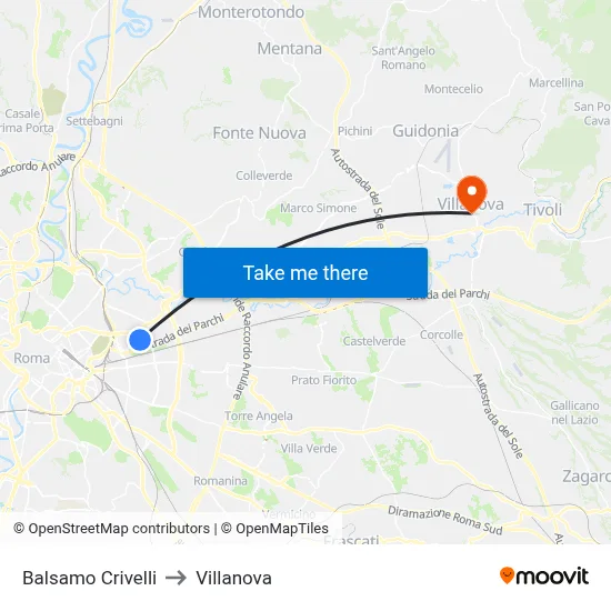 Balsamo Crivelli to Villanova map