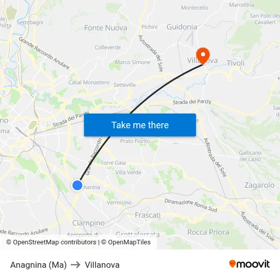 Anagnina Metro to Villanova map