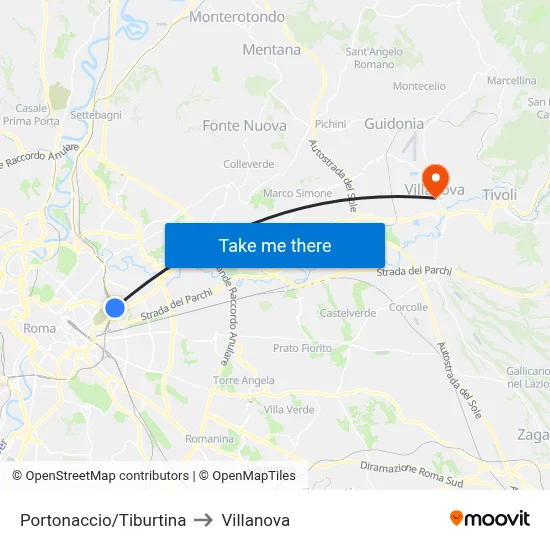 Portonaccio/Tiburtina to Villanova map