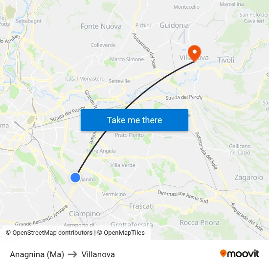 Anagnina Metro to Villanova map