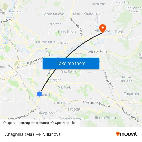 Anagnina Metro to Villanova map