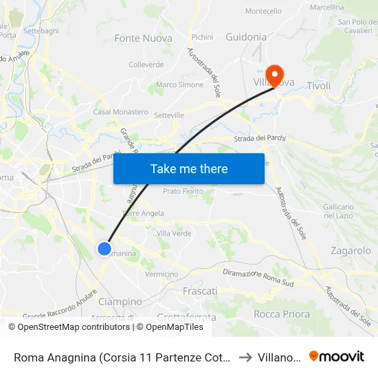 Roma Anagnina (Platform 11 Cotral Departures) to Villanova map