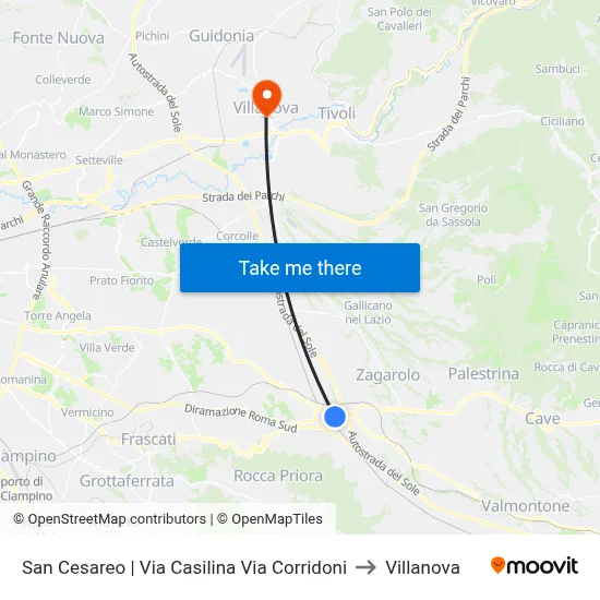 San Cesareo via Casilina via Corridoni to Villanova map