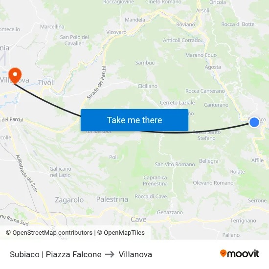 Subiaco Piazza Falcone to Villanova map