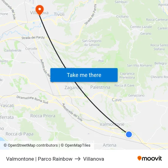 Valmontone Rainbow Park to Villanova map
