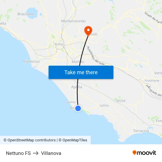 Nettuno Train Station to Villanova map
