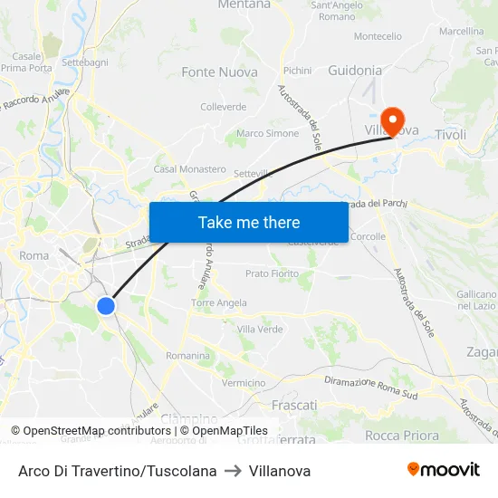 Travertine Arch/Tuscolana to Villanova map