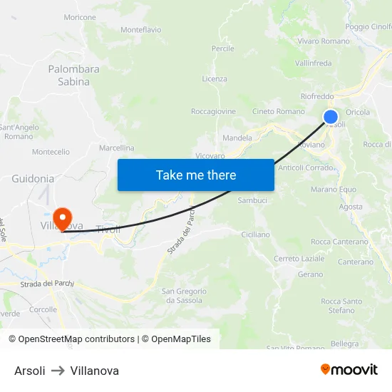 Arsoli to Villanova map