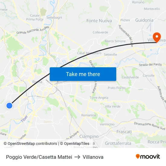 Poggio Verde/Casetta Mattei to Villanova map