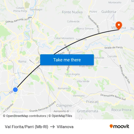 Val Fiorita/Parri (Metro-Rail) to Villanova map