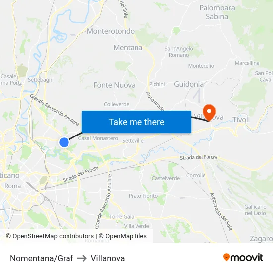 Nomentana/Graf to Villanova map
