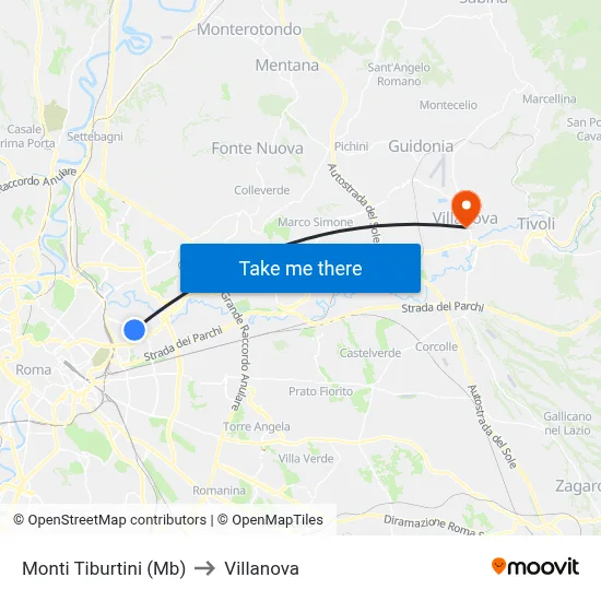 Monti Tiburtini (MB) to Villanova map