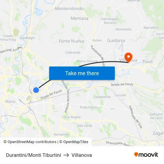 Durantini/Monti Tiburtini to Villanova map