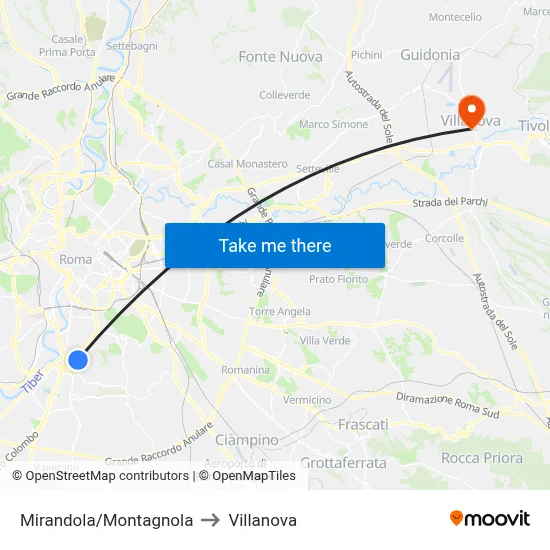 Mirandola/Montagnola to Villanova map