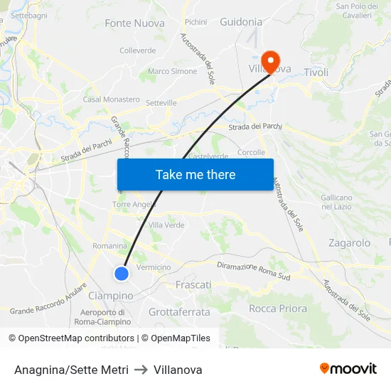 Anagnina/Sette Metri to Villanova map