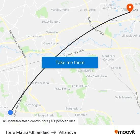 Torre Maura/Ghiandaie to Villanova map