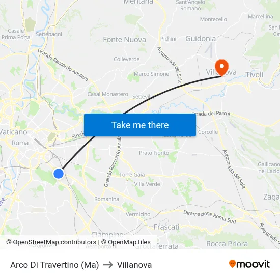 Arco Di Travertino (Metro A) to Villanova map