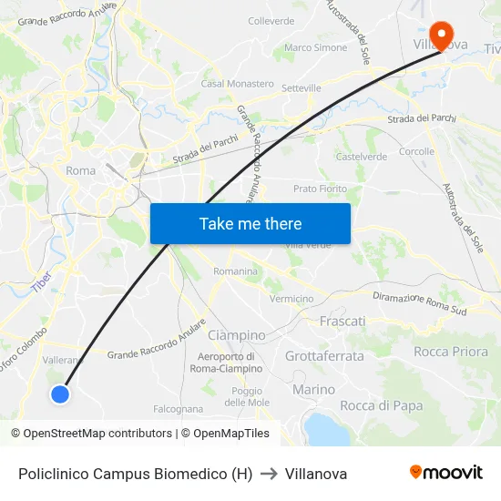 Biomedical Campus Hospital to Villanova map