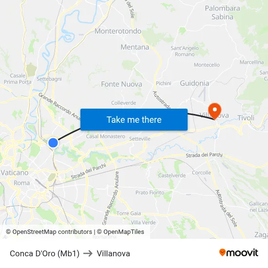 Conca D'Oro (Metro Line 1) to Villanova map