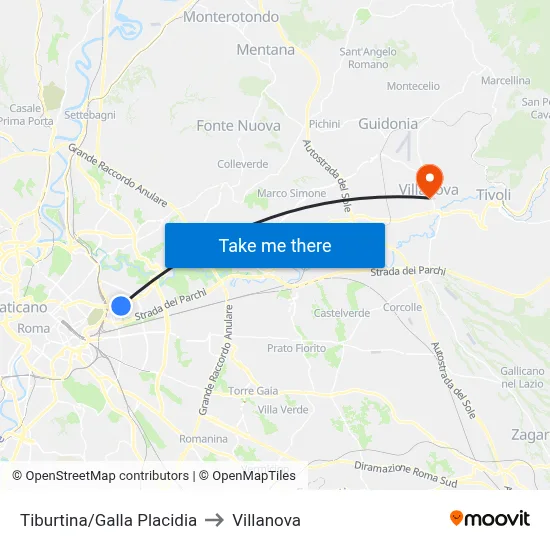 Tiburtina/Galla Placidia to Villanova map