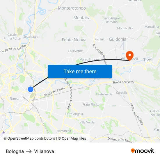 Bologna to Villanova map