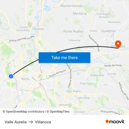 Valle Aurelia to Villanova map
