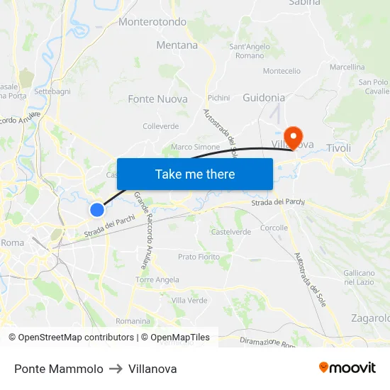 Ponte Mammolo to Villanova map