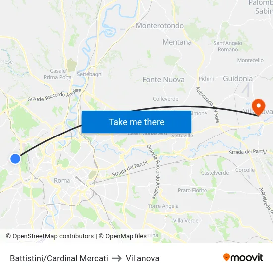 Battistini/Cardinal Mercati to Villanova map