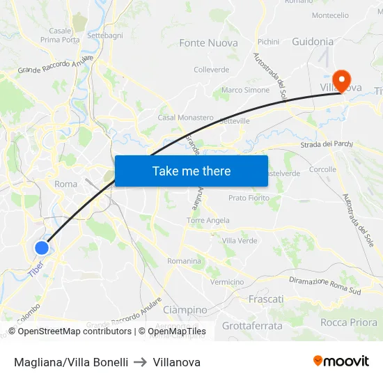 Magliana/Villa Bonelli to Villanova map