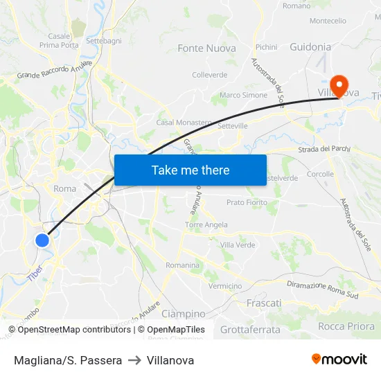 Magliana/St. Passera to Villanova map