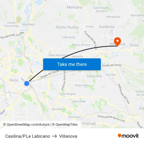 Casilina/Labicano Square to Villanova map