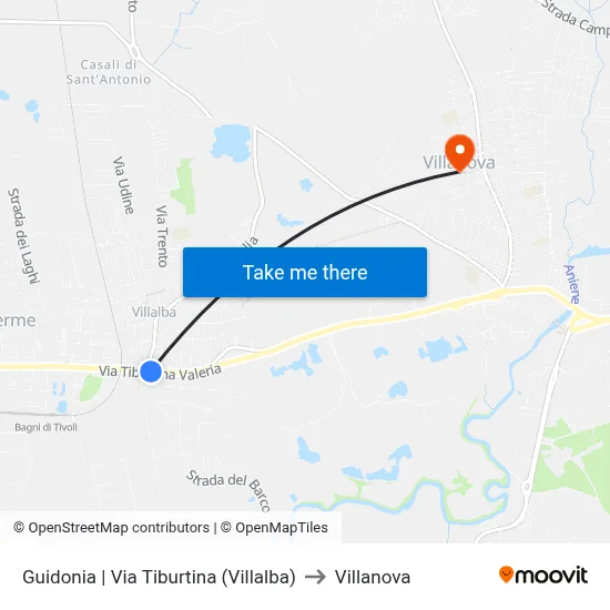 Guidonia via Tiburtina (Villalba) to Villanova map