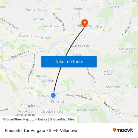 Frascati | Tor Vergata FS to Villanova map