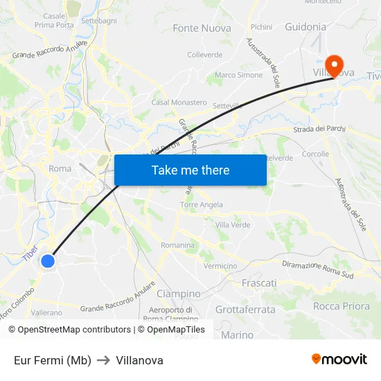 Eur Fermi (Metro B) to Villanova map