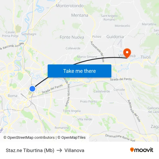 Tiburtina Station (Metro B) to Villanova map