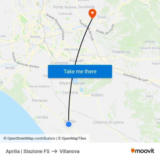 Aprilia | Railway Station to Villanova map