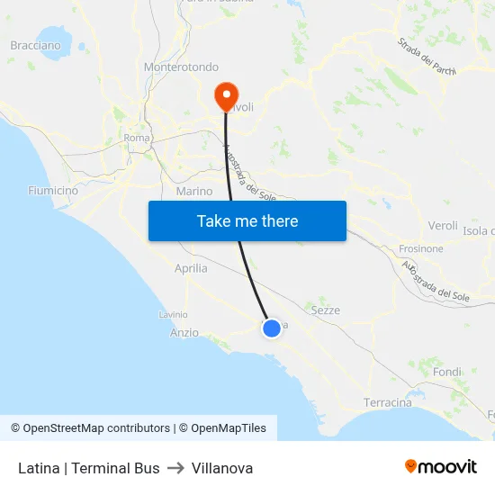 Latina Bus Terminal to Villanova map