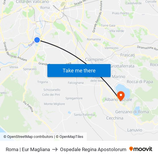 Roma | Eur Magliana to Ospedale Regina Apostolorum map