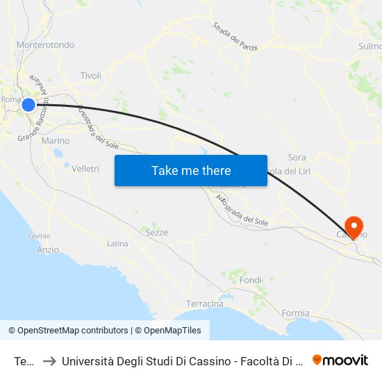 Teano to Università Degli Studi Di Cassino - Facoltà Di Lettere E Filosofia map