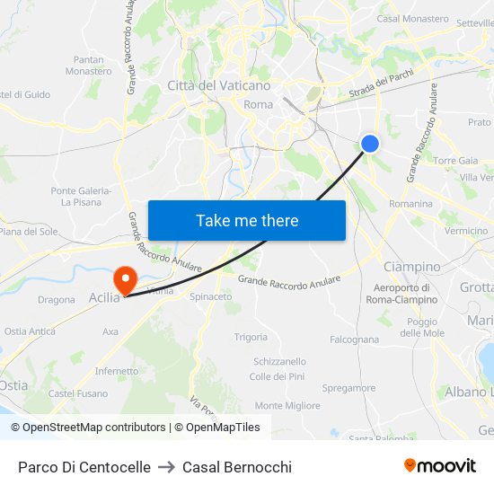 Parco Di Centocelle to Casal Bernocchi map