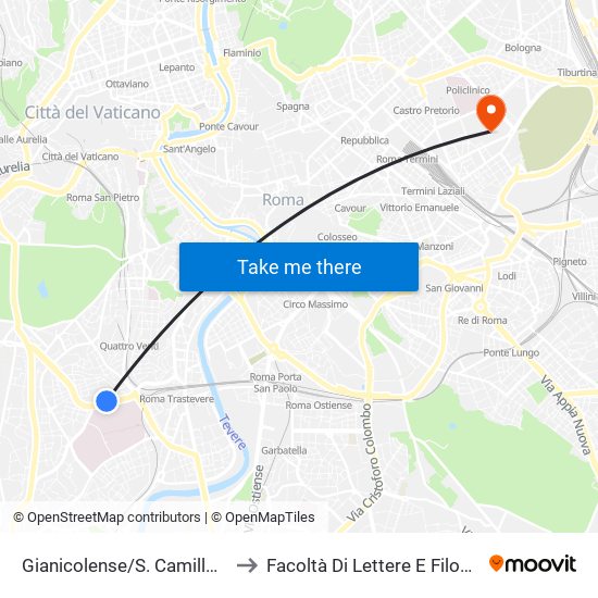 Gianicolense/S. Camillo (H) to Facoltà Di Lettere E Filosofia map