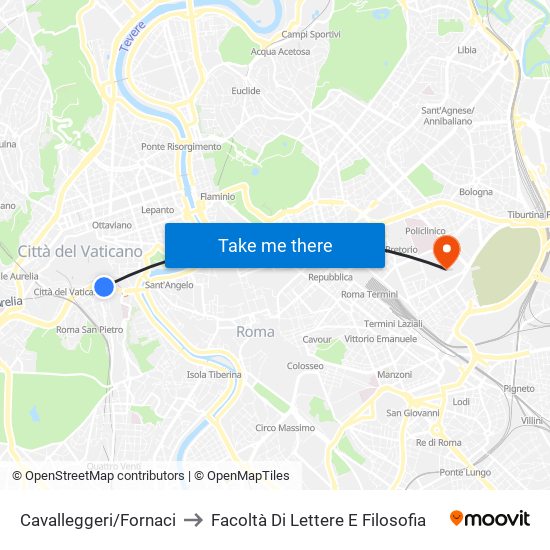 Cavalleggeri/Fornaci to Facoltà Di Lettere E Filosofia map