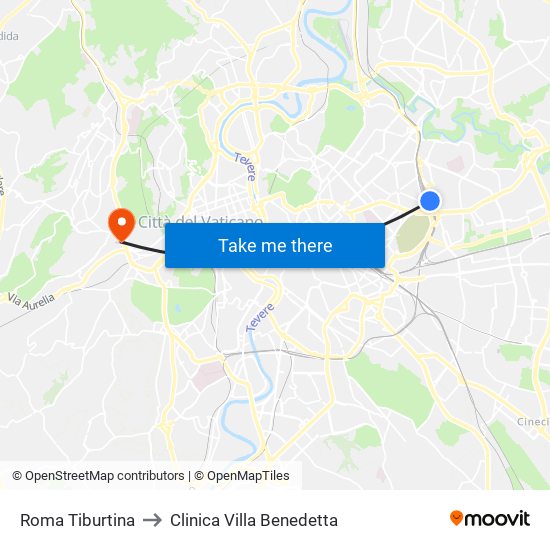 Roma Tiburtina to Clinica Villa Benedetta map