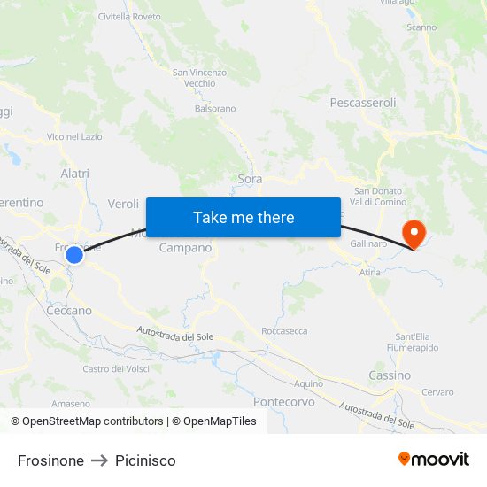 Frosinone to Picinisco map