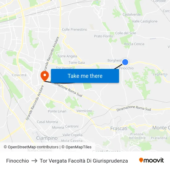 Finocchio to Tor Vergata Facoltà Di Giurisprudenza map
