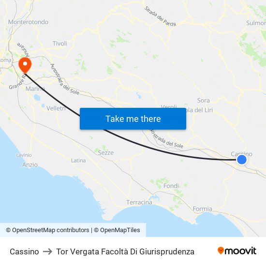 Cassino to Tor Vergata Facoltà Di Giurisprudenza map